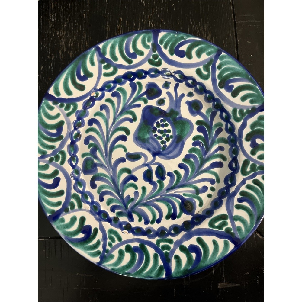 Vintage Granada Hand-Painted Blue Green Wall Plate Glazed Pottery Floral